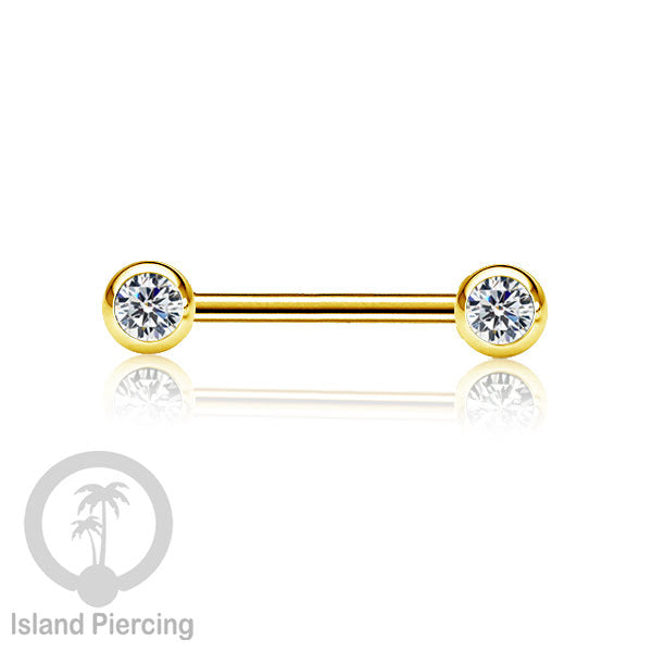 Steel nipple piercing, Steel barbells, Tindik puting stainless steel dengan kristal. Warna gold.