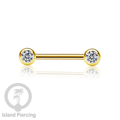 Steel nipple piercing, Steel barbells, Tindik puting stainless steel dengan kristal. Warna gold.