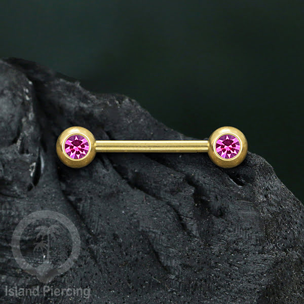 Steel nipple piercing, Steel barbells, Tindik puting stainless steel dengan kristal. Warna gold.