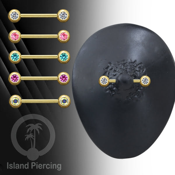 Steel nipple piercing, Steel barbells, Tindik puting stainless steel dengan kristal. Warna gold.
