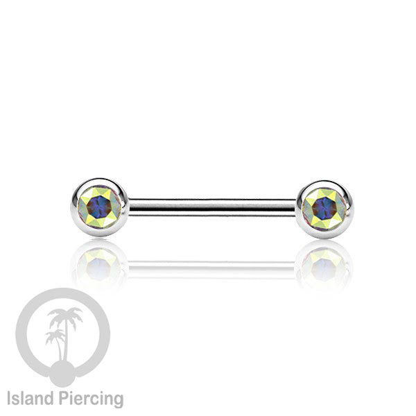 Steel nipple piercing, Steel barbells, Tindik puting Stainless steel dengan kristal. Warna silver.