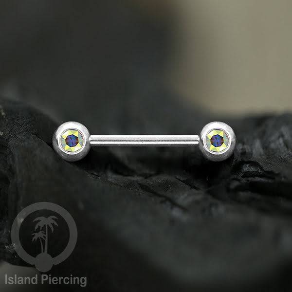 Steel nipple piercing, Steel barbells, Tindik puting Stainless steel dengan kristal. Warna silver.