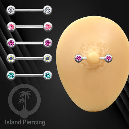 Steel nipple piercing, Steel barbells, Tindik puting Stainless steel dengan kristal. Warna silver.