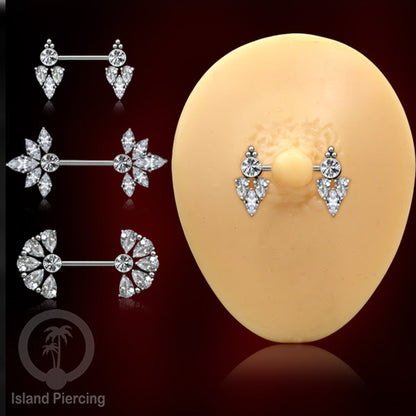Tindik Puting Stainless warna silver dengan Kristal Zirconia, Steel Nipple Barbells