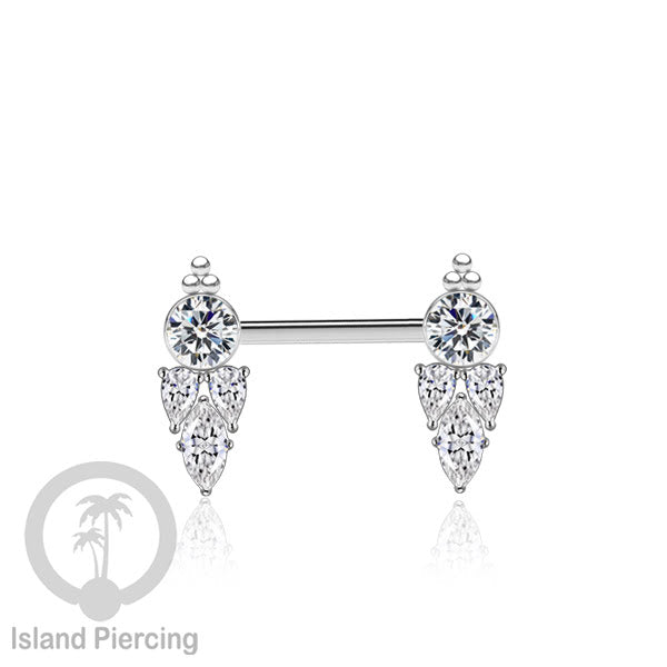 Tindik Puting Stainless warna silver dengan Kristal Zirconia, Steel Nipple Barbells