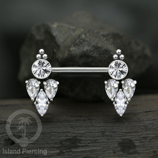 Tindik Puting Stainless warna silver dengan Kristal Zirconia, Steel Nipple Barbells