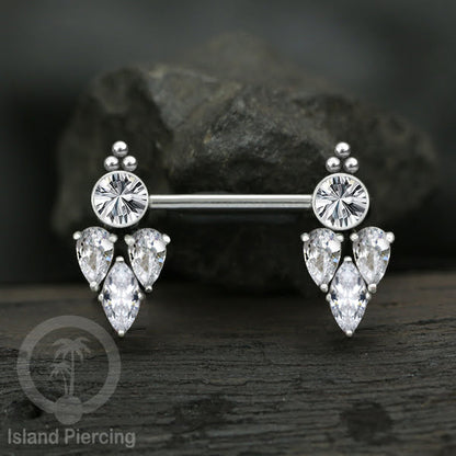 Tindik Puting Stainless warna silver dengan Kristal Zirconia, Steel Nipple Barbells