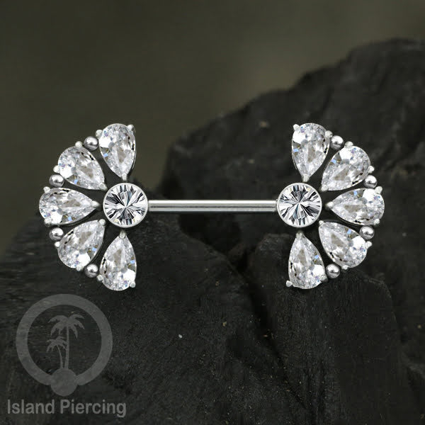 Tindik Puting Stainless warna silver dengan Kristal Zirconia, Steel Nipple Barbells