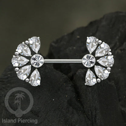Tindik Puting Stainless warna silver dengan Kristal Zirconia, Steel Nipple Barbells