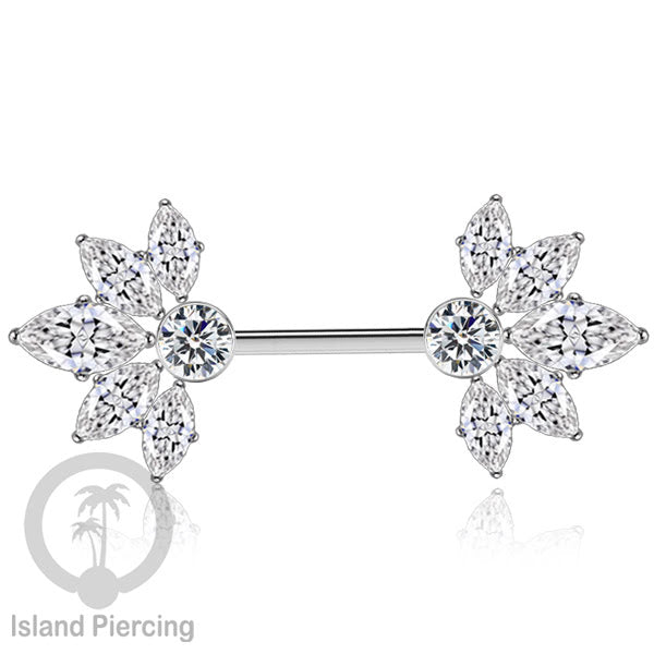 Tindik Puting Stainless warna silver dengan Kristal Zirconia, Steel Nipple Barbells