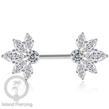 Tindik Puting Stainless warna silver dengan Kristal Zirconia, Steel Nipple Barbells