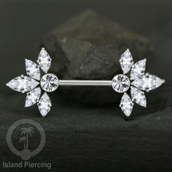 Tindik Puting Stainless warna silver dengan Kristal Zirconia, Steel Nipple Barbells