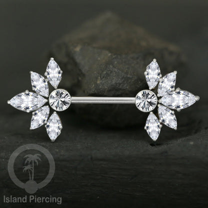 Tindik Puting Stainless warna silver dengan Kristal Zirconia, Steel Nipple Barbells
