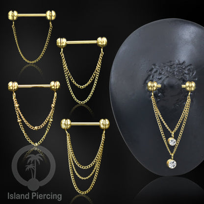 Tindik Puting Stainless dengan banyak model Rantai, warna Gold, Nipple Piercing Jewelry
