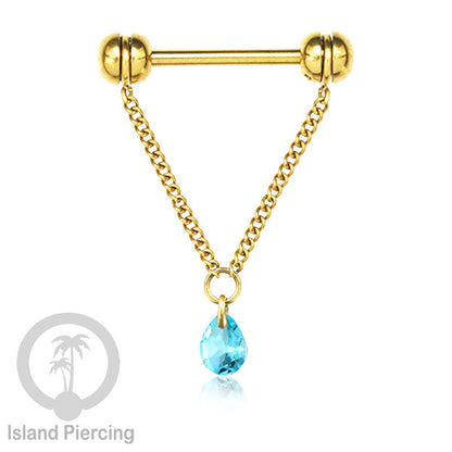 Tindik puting Stainless warna Gold dengan Rantai dan Kristal Zirconia, Nipple Piercing Jewelry