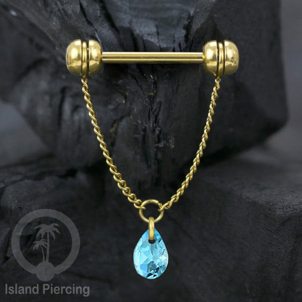 Tindik puting Stainless warna Gold dengan Rantai dan Kristal Zirconia, Nipple Piercing Jewelry