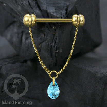 Tindik puting Stainless warna Gold dengan Rantai dan Kristal Zirconia, Nipple Piercing Jewelry