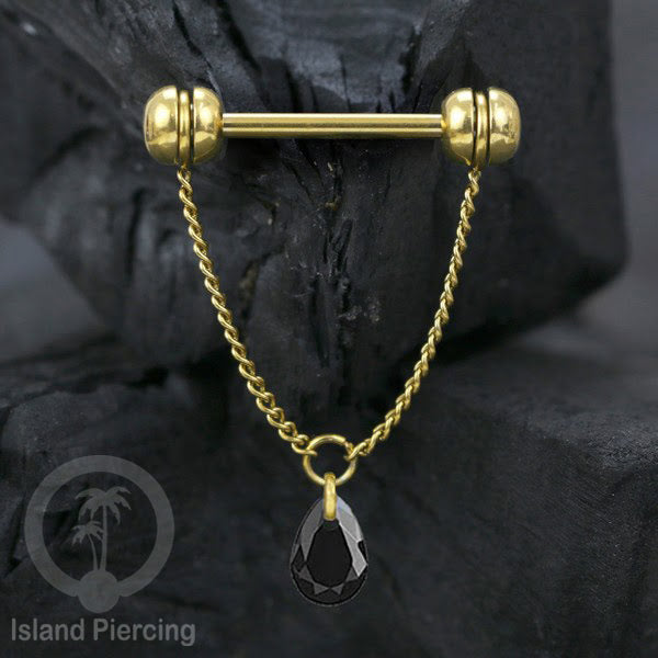 Tindik puting Stainless warna Gold dengan Rantai dan Kristal Zirconia, Nipple Piercing Jewelry