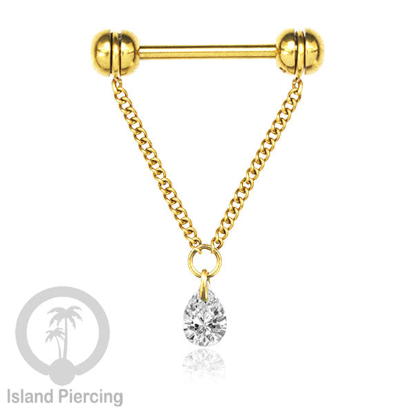 Tindik puting Stainless warna Gold dengan Rantai dan Kristal Zirconia, Nipple Piercing Jewelry