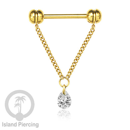 Tindik puting Stainless warna Gold dengan Rantai dan Kristal Zirconia, Nipple Piercing Jewelry