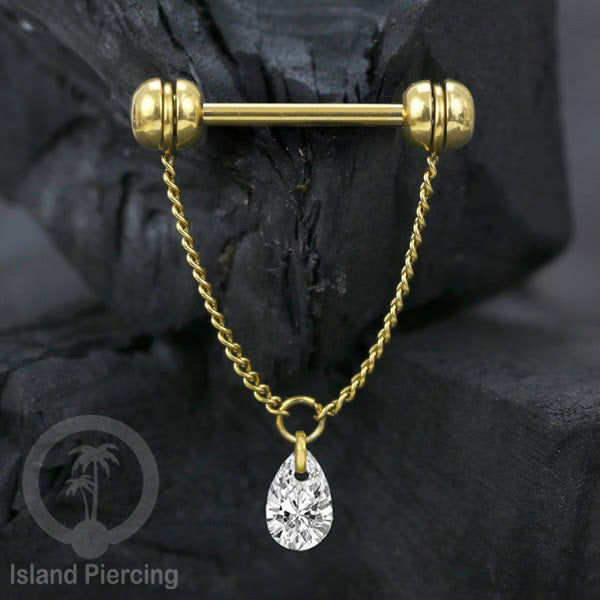 Tindik puting Stainless warna Gold dengan Rantai dan Kristal Zirconia, Nipple Piercing Jewelry