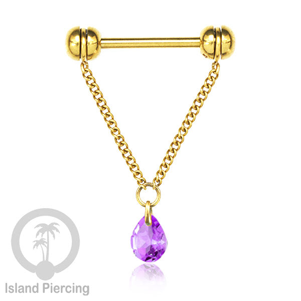 Tindik puting Stainless warna Gold dengan Rantai dan Kristal Zirconia, Nipple Piercing Jewelry
