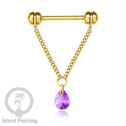 Tindik puting Stainless warna Gold dengan Rantai dan Kristal Zirconia, Nipple Piercing Jewelry