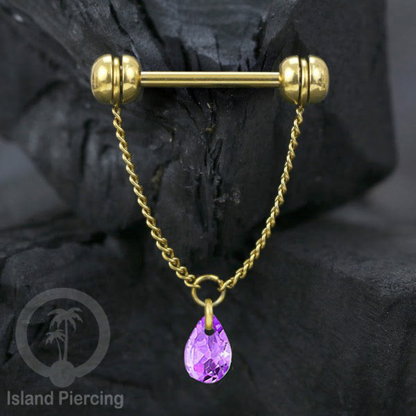 Tindik puting Stainless warna Gold dengan Rantai dan Kristal Zirconia, Nipple Piercing Jewelry