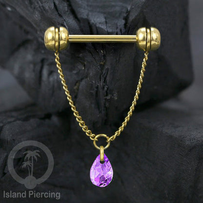 Tindik puting Stainless warna Gold dengan Rantai dan Kristal Zirconia, Nipple Piercing Jewelry