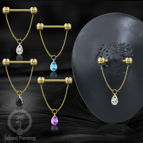 Tindik puting Stainless warna Gold dengan Rantai dan Kristal Zirconia, Nipple Piercing Jewelry