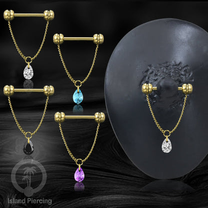 Tindik puting Stainless warna Gold dengan Rantai dan Kristal Zirconia, Nipple Piercing Jewelry