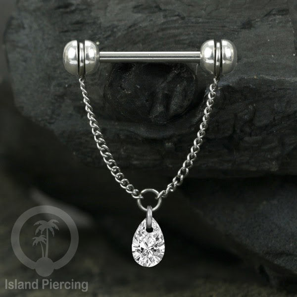 Tindik puting Stainless warna Silver dengan Rantai dan Kristal Zirconia, Nipple Piercing Jewelry