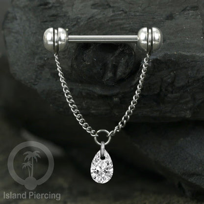 Tindik puting Stainless warna Silver dengan Rantai dan Kristal Zirconia, Nipple Piercing Jewelry