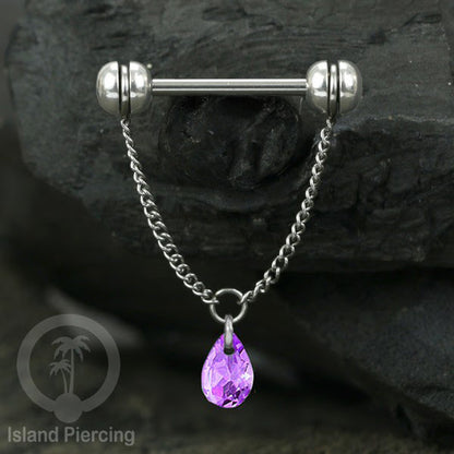 Tindik puting Stainless warna Silver dengan Rantai dan Kristal Zirconia, Nipple Piercing Jewelry