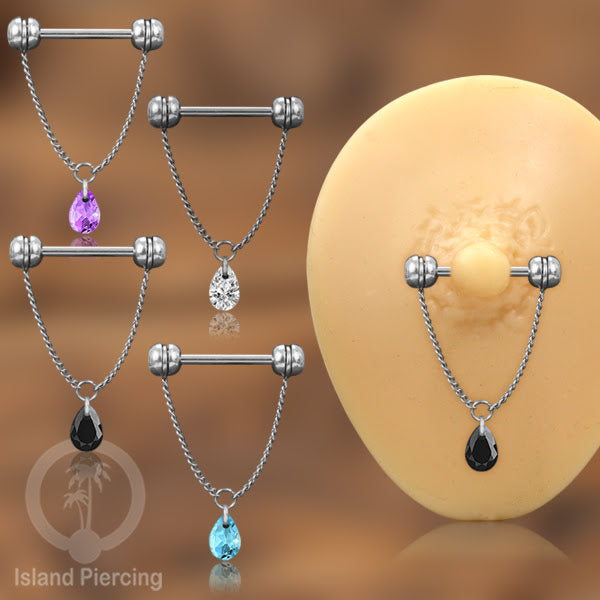 Tindik puting Stainless warna Silver dengan Rantai dan Kristal Zirconia, Nipple Piercing Jewelry