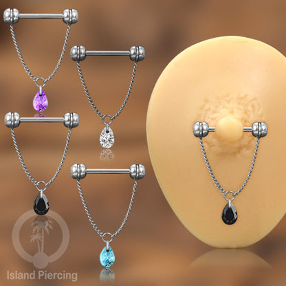 Tindik puting Stainless warna Silver dengan Rantai dan Kristal Zirconia, Nipple Piercing Jewelry