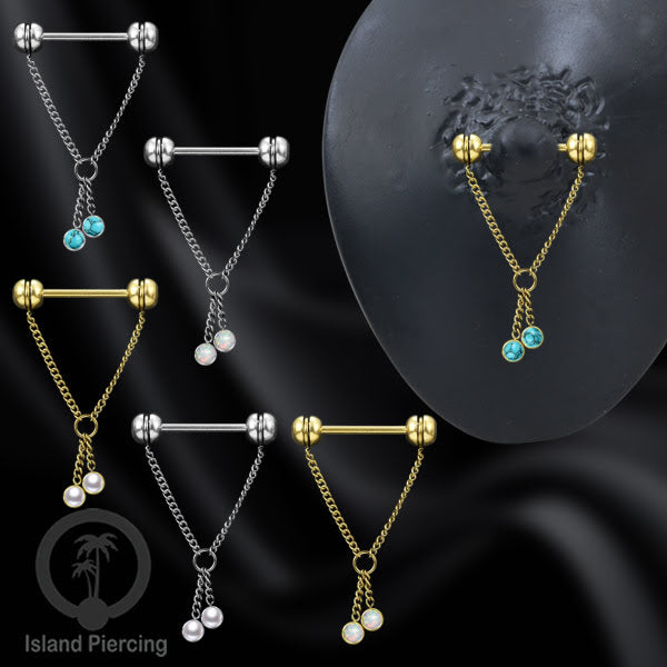 Tindik puting Stainless Steel dengan rantai dan batu asli, warna gold atau silver. Nipple piercing.