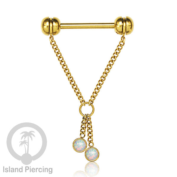 Tindik puting Stainless Steel dengan rantai dan batu asli, warna gold atau silver. Nipple piercing.