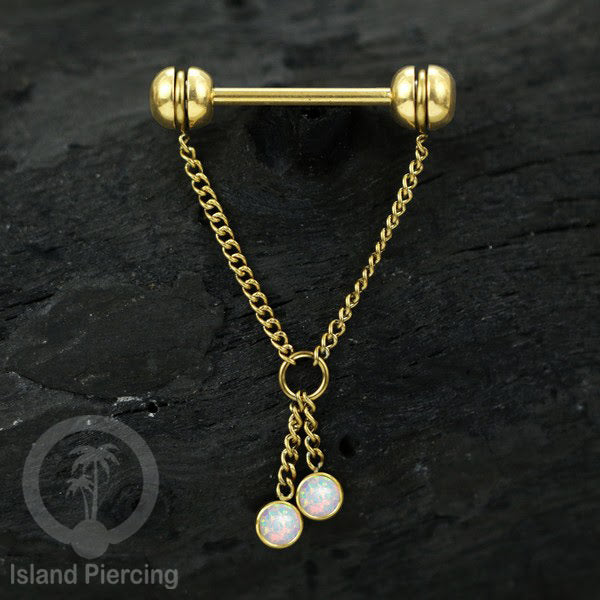 Tindik puting Stainless Steel dengan rantai dan batu asli, warna gold atau silver. Nipple piercing.