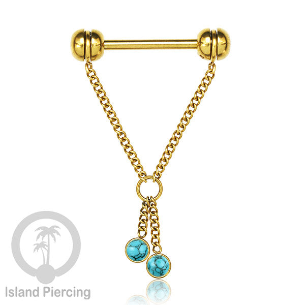 Tindik puting Stainless Steel dengan rantai dan batu asli, warna gold atau silver. Nipple piercing.