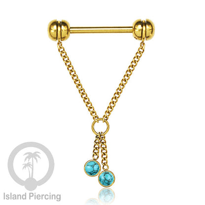 Tindik puting Stainless Steel dengan rantai dan batu asli, warna gold atau silver. Nipple piercing.
