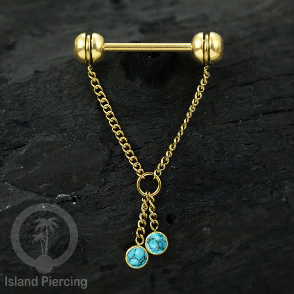 Tindik puting Stainless Steel dengan rantai dan batu asli, warna gold atau silver. Nipple piercing.