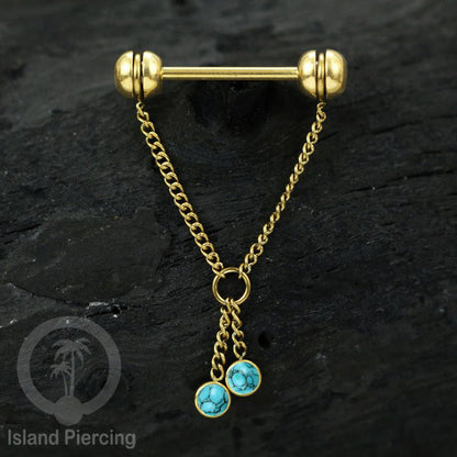 Tindik puting Stainless Steel dengan rantai dan batu asli, warna gold atau silver. Nipple piercing.