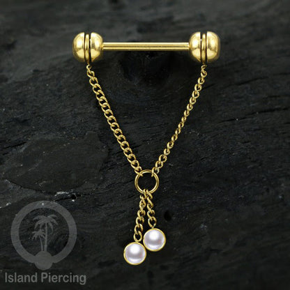 Tindik puting Stainless Steel dengan rantai dan batu asli, warna gold atau silver. Nipple piercing.