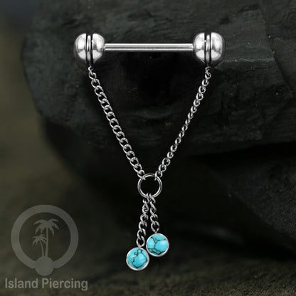 Tindik puting Stainless Steel dengan rantai dan batu asli, warna gold atau silver. Nipple piercing.