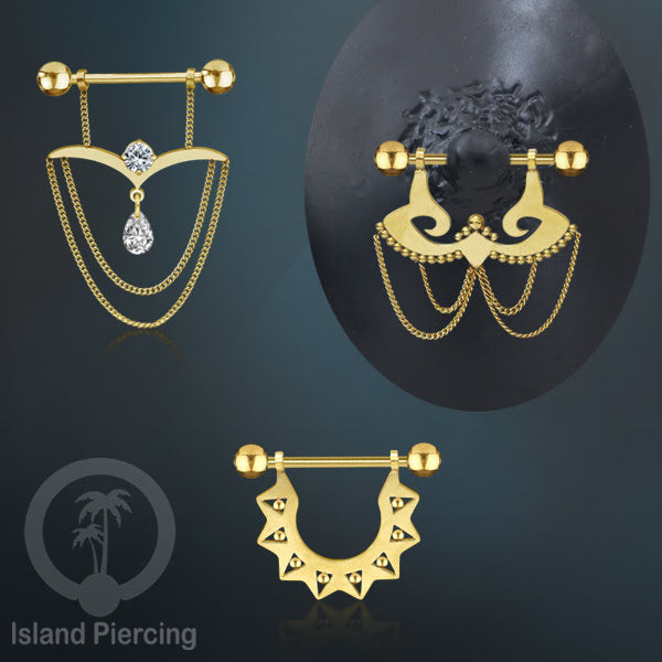 316L Steel Nipple Piercing PVD Gold Plating, Tindik Puting stainless dengan Rantai