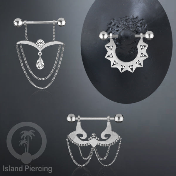 Steel Nipple Piercing, Tindik Puting stainless warna Silver dengan Rantai dan Kristal