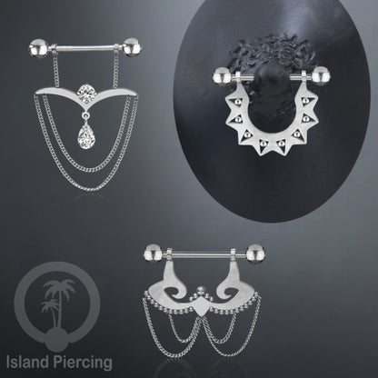 Steel Nipple Piercing, Tindik Puting stainless warna Silver dengan Rantai dan Kristal