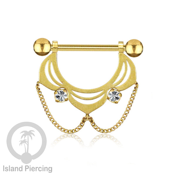 316L Steel Nipple Piercing PVD Gold Plating, Tindik Puting stainless dengan Rantai