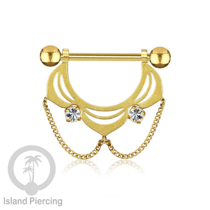 316L Steel Nipple Piercing PVD Gold Plating, Tindik Puting stainless dengan Rantai
